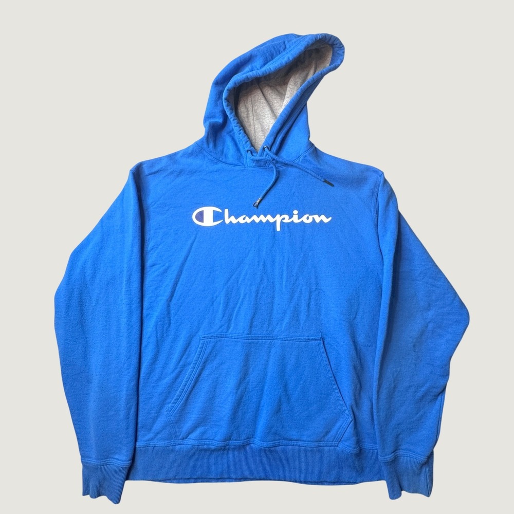 Champion Hoodie Mens L GF89H Blue Screen Print Logo Authentic Athleticwear